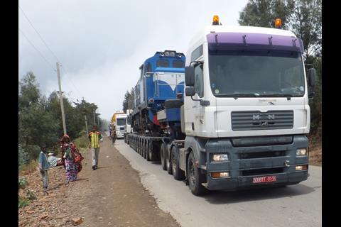Diesel locomotives for Ethiopia being delivered by road from Djibouti by Steder Group FZCO.